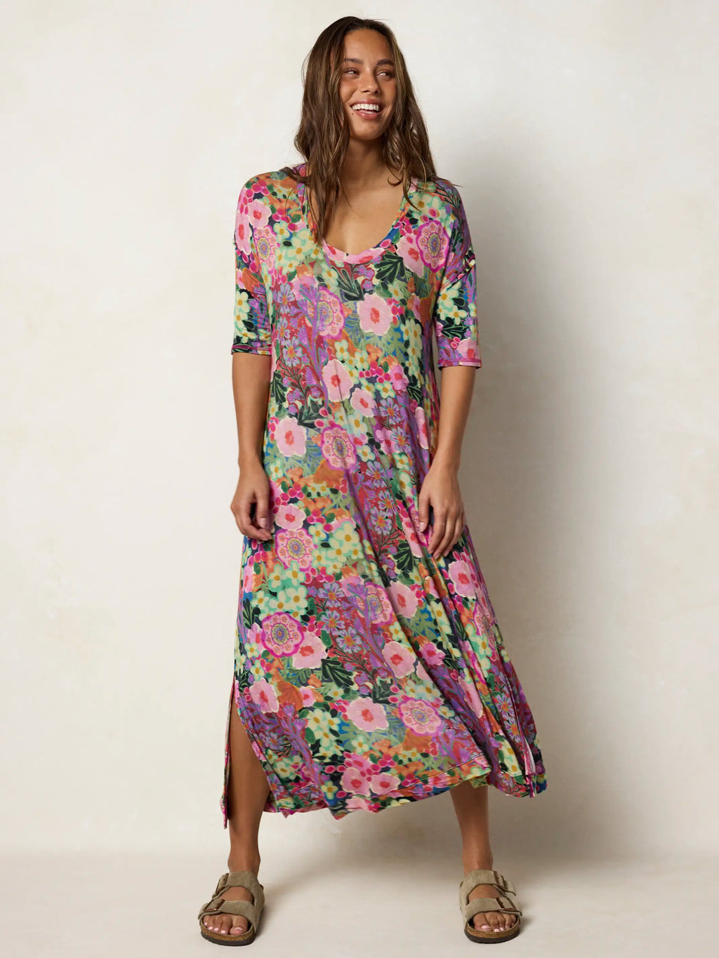 All Day "ButterSoft" Tee Dress - Pink Painted Garden